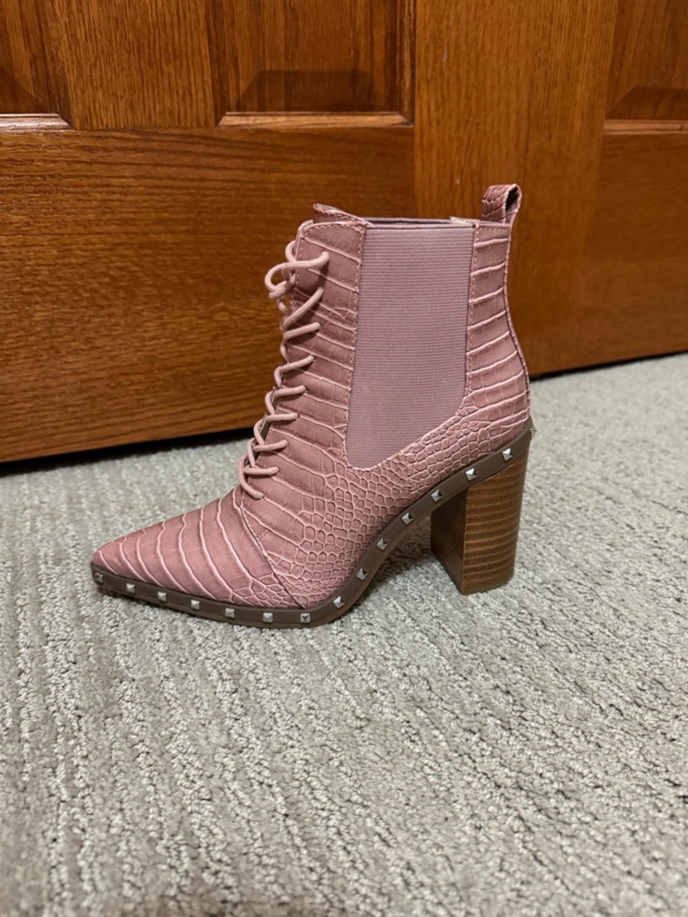 Charles by Charles David Studded Lace-Up Block Ankle Boot — Dusty Rose